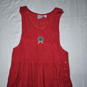 Laura Gayle Vintage Red‎ Corduroy Wreath Embroidered Jumper Dress Womens Small
